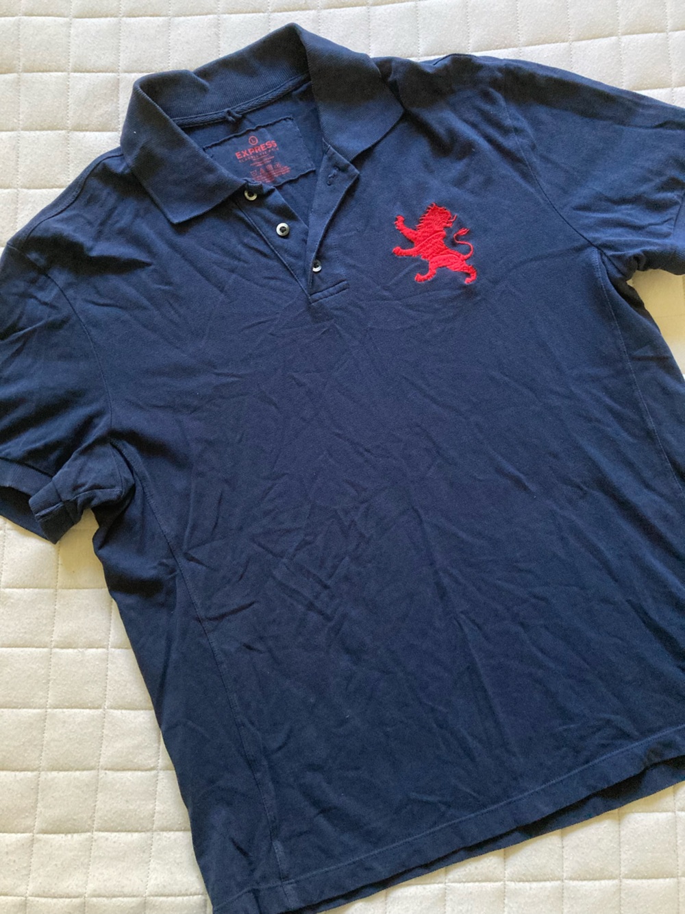 Express Men's Navy Polo with Red Logo Embroidery